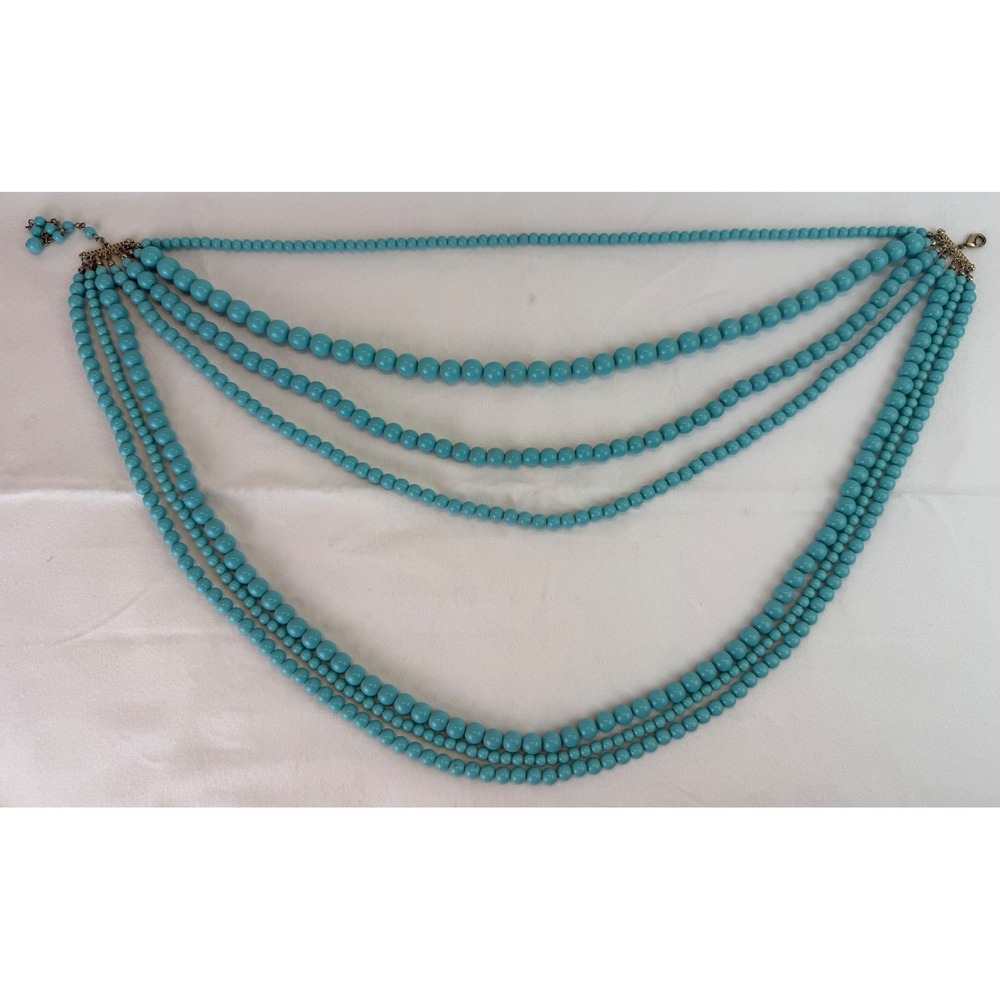 Vintage‎ 7-Strand Multi-Strand Teal Blue Beaded Necklace Gold Tone Clasp